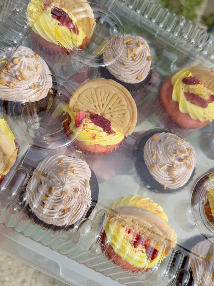 Strawberry lemonade and chocolate cupcakes with two-tone frosting in a box